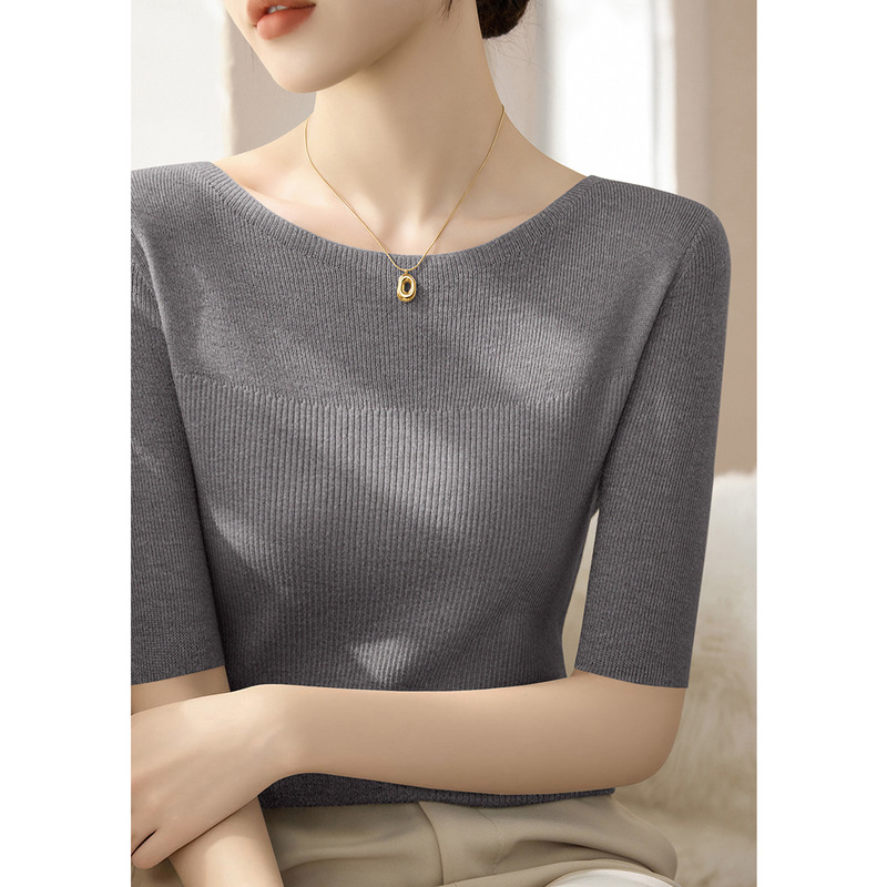One-character Collar Pullover Slim-fit Slimming Half-sleeve T-shirt Women's Spring and Summer New All-match Thin Top One-character Collar Pullover Slim-fit Slimming Half-sleeve T-shirt Women's Spring and Summer New All-match Thin Top
