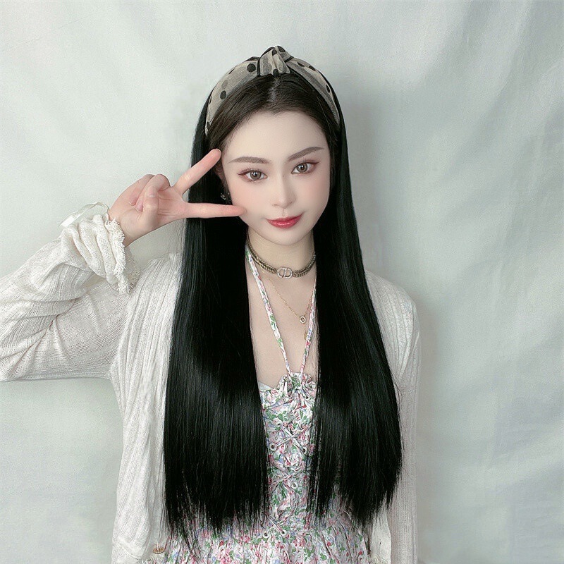 Shake sound explosions women's long hair summer hairband integrated long straight hair U-shaped chemical fiber half head cover a generation of hair Shake sound explosions women's long hair summer hairband integrated long straight hair U-shaped chemical fiber half head cover a generation of hair