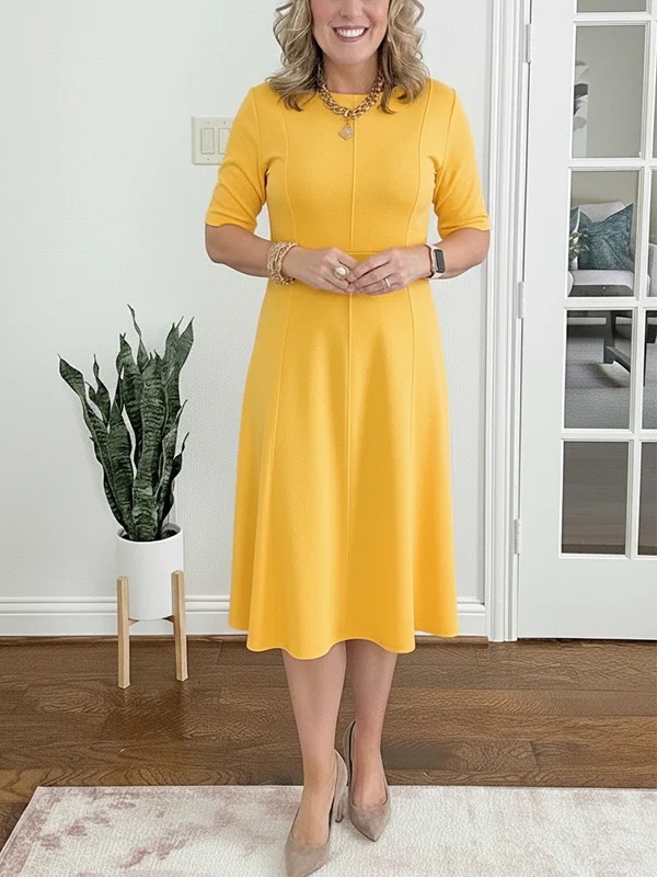 "2026 New Spring/Summer Short-Sleeve Slim-Fit Round-Neck Solid Color Dress, Elegant Women's Dress"_ecoleips.com
