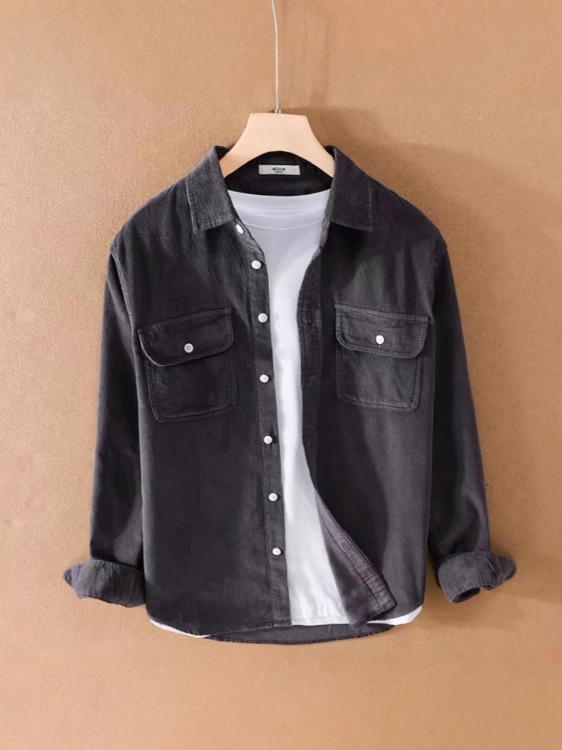 Camisa de manga larga de moda de pana retro japonesa, camisa de pana para hombre, ropa de trabajo juvenil, chaqueta fina suelta de todo fósforo