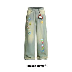 Broken Mirror 25秋季New美式复古趣味图案印花牛仔长裤