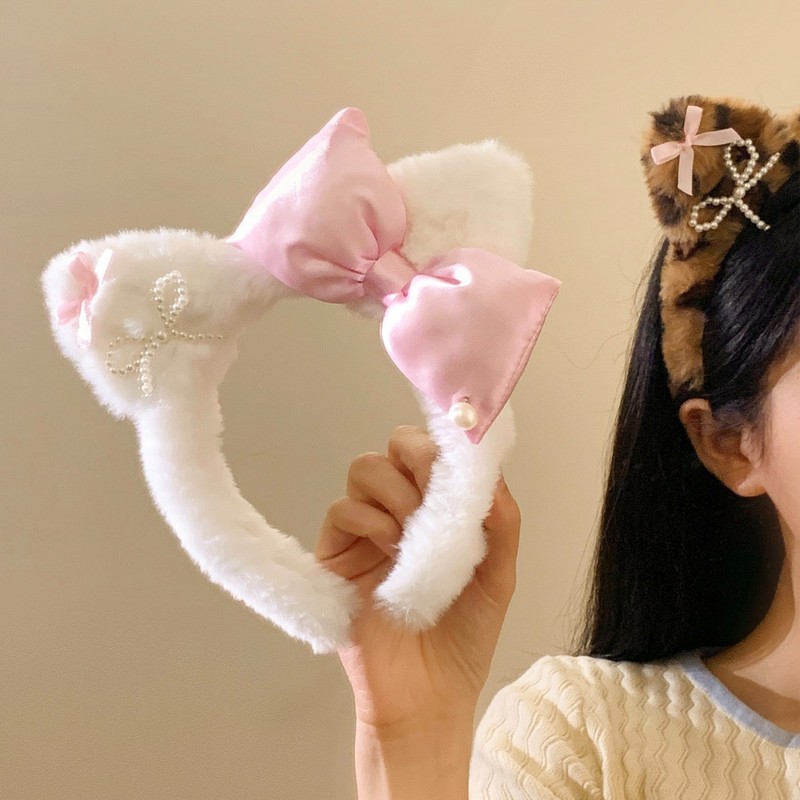 甜酷豹纹结kitty猫耳朵毛绒发箍女可爱卡通发卡洗脸头箍秋冬|undefined