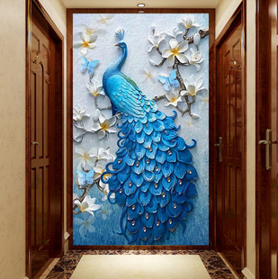 Modern minimalist 8D Peacock hallway mural corridor aisle European Vertical wallpaper living room background wall wallpaper Wall cloth