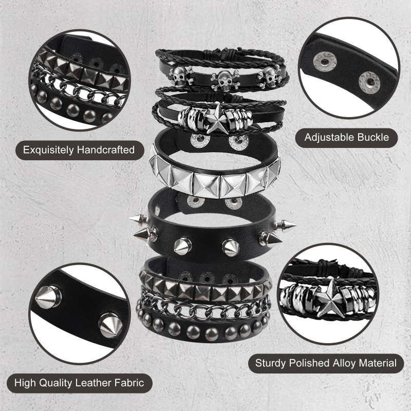 5-Piece Set of Punk Fashion Men's Multi-Layer Vintage Leather Bracelets with Personalized Rivet Chain Leather Handmade Accessories