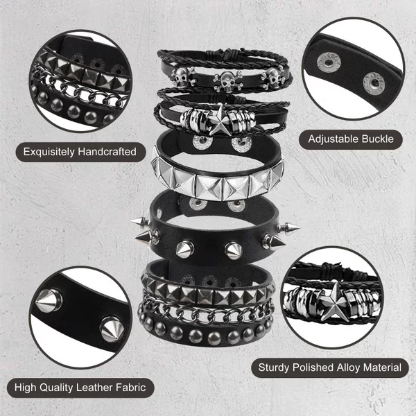 5-Piece Set of Punk Fashion Men's Multi-Layer Vintage Leather Bracelets with Personalized Rivet Chain Leather Handmade Accessories