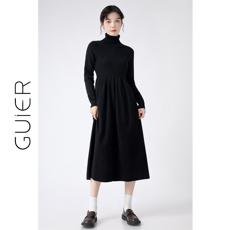 桂儿「包芯纱」黑色经典！复古高领针织连衣裙女春法式气质长裙子|undefined