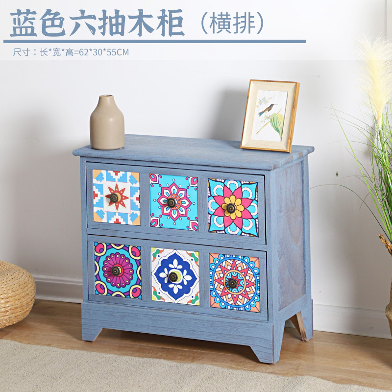 Mesita de noche americana, armario de almacenamiento creativo pastoral retro, armario de almacenamiento de madera, armario de almacenamiento de estilo étnico pintado