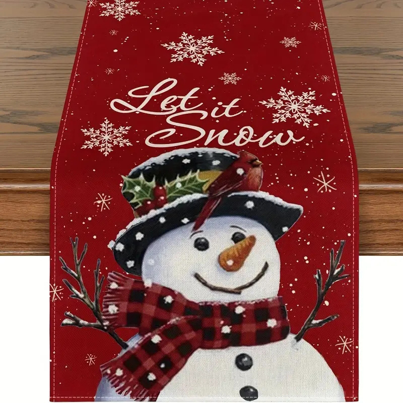Camino de mesa navideño con estampado de muñeco de nieve y Santa