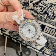 蒂米妮新款韓版女表潮流時尚女士手錶女氣質白色陶瓷錶帶鑲鑽錶盤