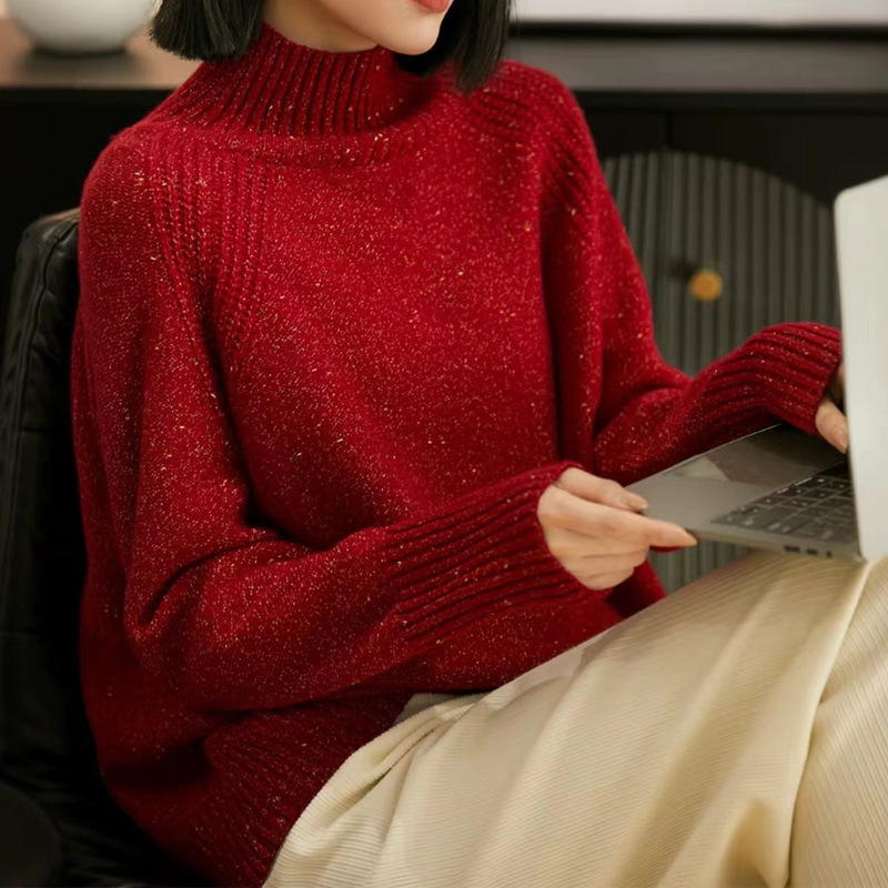 24 Korean Style Solid Color Gold Thread Fine Knit Pullover Loose Casual High-Neck Women's Thick Sweater