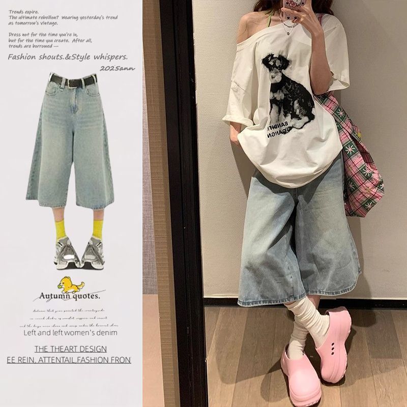 美式高腰牛仔短裤女2025夏季新款宽松修身显瘦直筒七分阔腿中裤子
