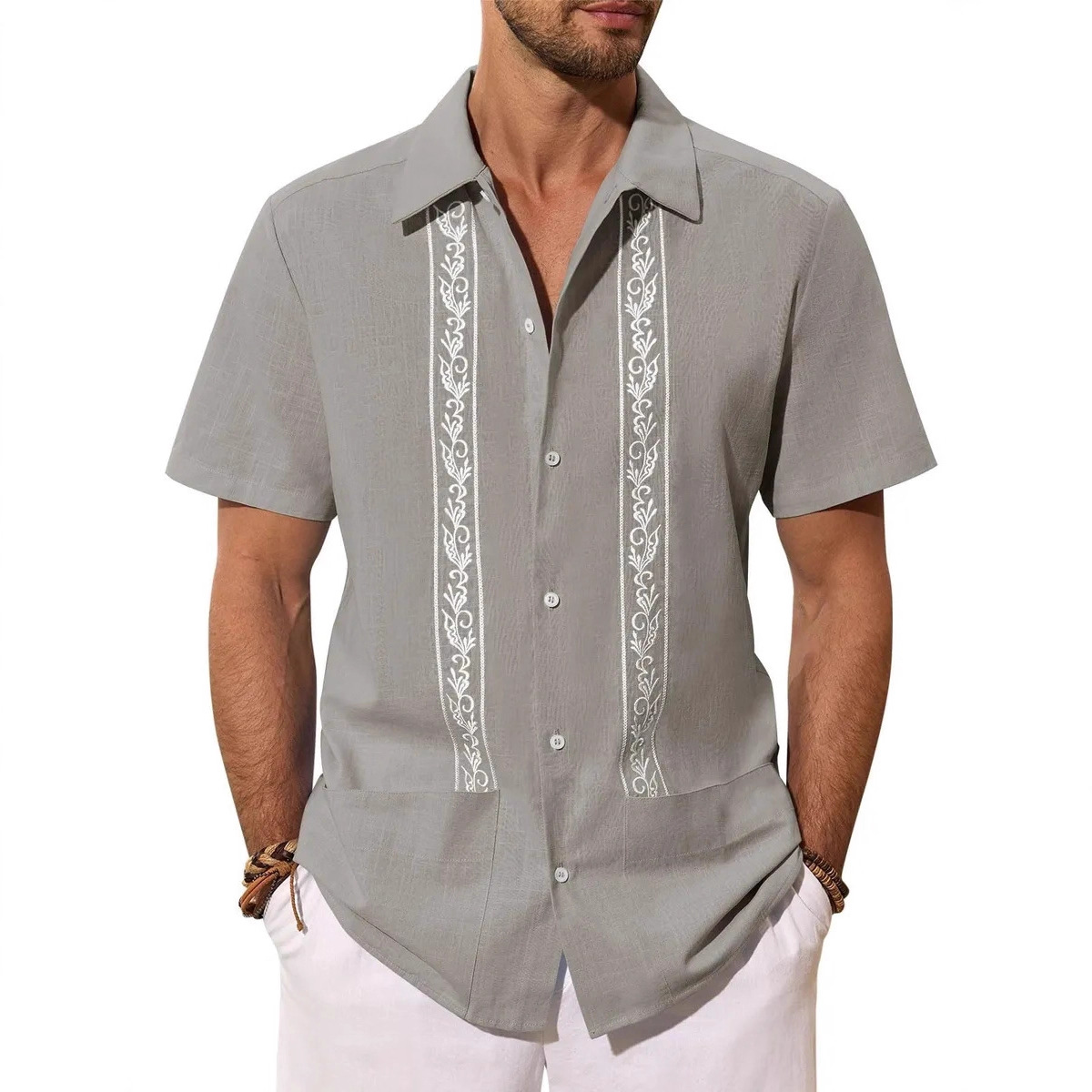 翻领高级感设计感夏季亚麻休闲上衣韩国潮流宽松五分纯色花衬衫男