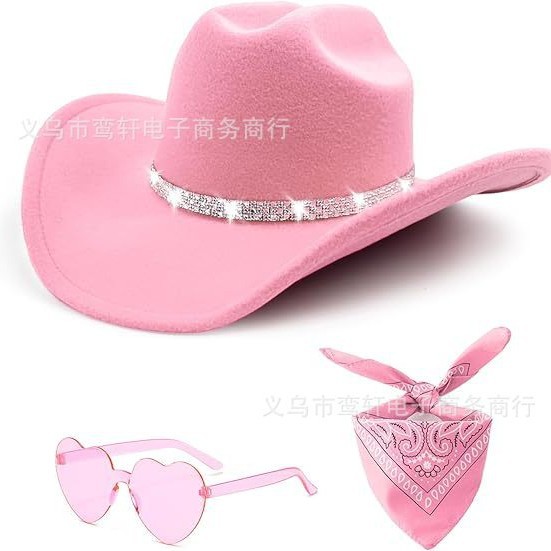 Cross-Border Pink Rhinestone Woolen Hat Halloween Black Woolen Rhinestone Party Hat European and American Fashion Decorative Hat