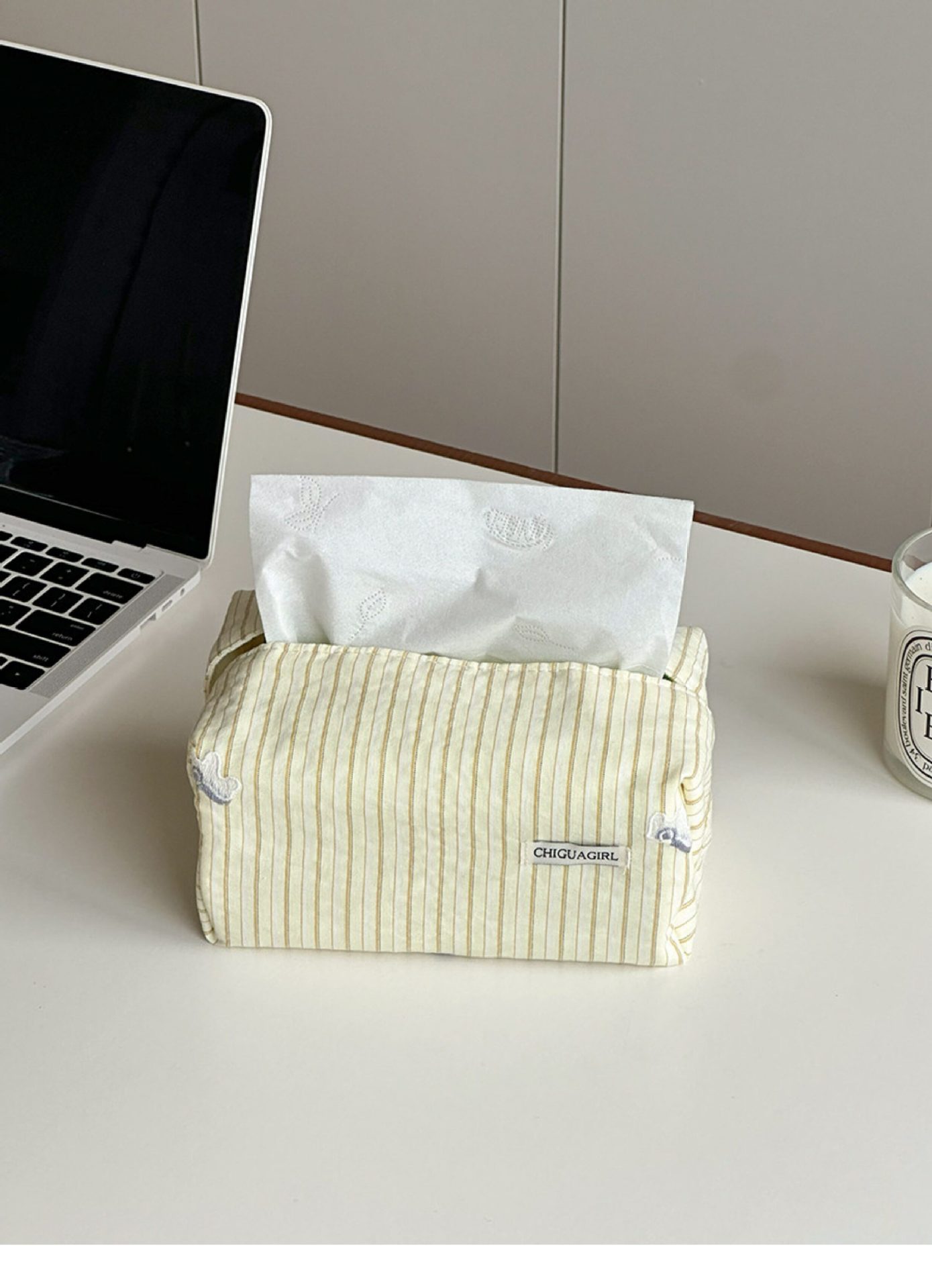 Korean-Style Blue Striped Tissue Box Fabric Tissue Cover with Simple Embroidery, High-End Feel, Desktop Decoration Ornament