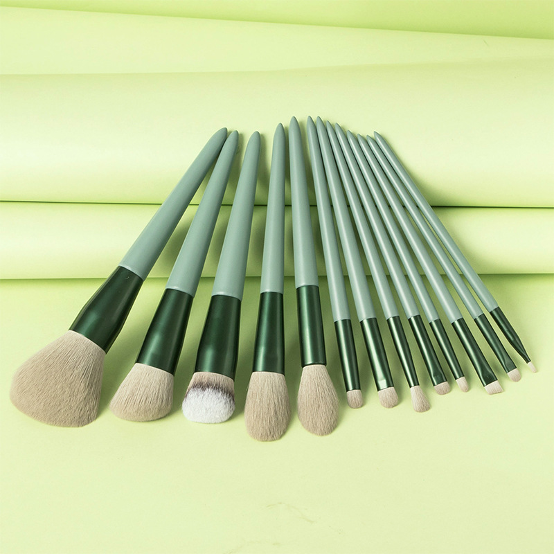 Brochas de maquillaje Fenglida al por mayor, 13 piezas, mango de madera verde claro y rosa, brocha para polvos, brocha para sombra de ojos, brocha de belleza, set de herramientas de maquillaje