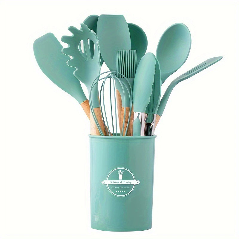 Utensilios de cocina de silicona, mango de madera, juego de 12 piezas, pala de cocina, sartén antiadherente, juego de utensilios de cocina para cocinar y hornear image 4