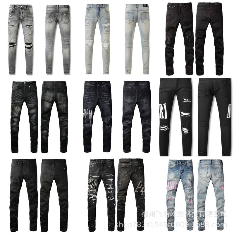 In-Stock High-Quality Export European and American Street Style Ami Jeans Fashion Slim Fit Ripped Patch Denim Pants for Men In-Stock High-Quality Export European and American Street Style Ami Jeans Fashion Slim Fit Ripped Patch Denim Pants for Men
