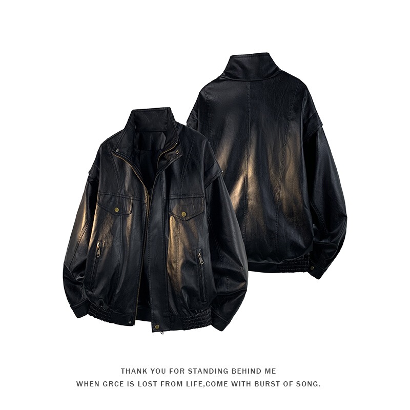 Cross-Border Wholesale Autumn Trendy Brand High Street Cool Leather Stand Collar Short Casual Jacket for Men
