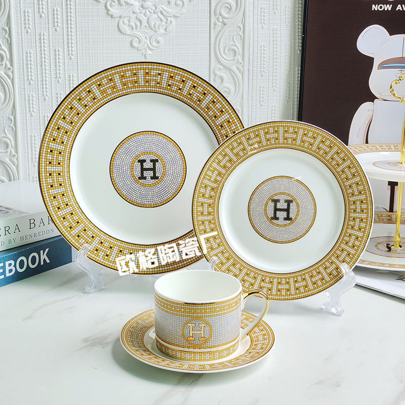 Cross-border Bone China H Standard Straight Body Steak Plate Tableware suit Household Round Model Western Food Plate Set-table Plate