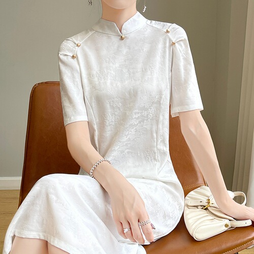 Silk Satin Acetate 2025 Spring Summer New Women's V-Neck Medium Length Slim Fit Hooded Chinese Style Cheongsam