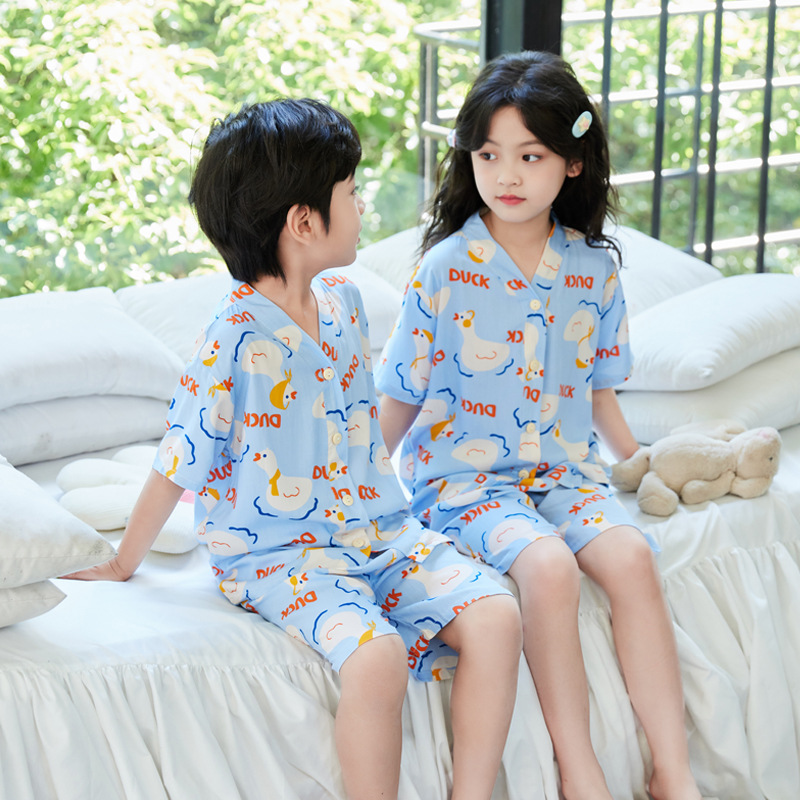夏季薄款儿童棉绸睡衣短袖短裤家居服套装宝宝男童女童小孩空调服