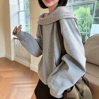 微胖mm美式复古洋气穿搭灰色连帽卫衣秋季小众设计感显瘦宽松上衣