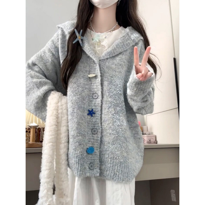 Starfish Shell Blue Hooded Sweater Jacket Women's 2025 New Spring and Autumn Small Lazy Knitted Cardigan