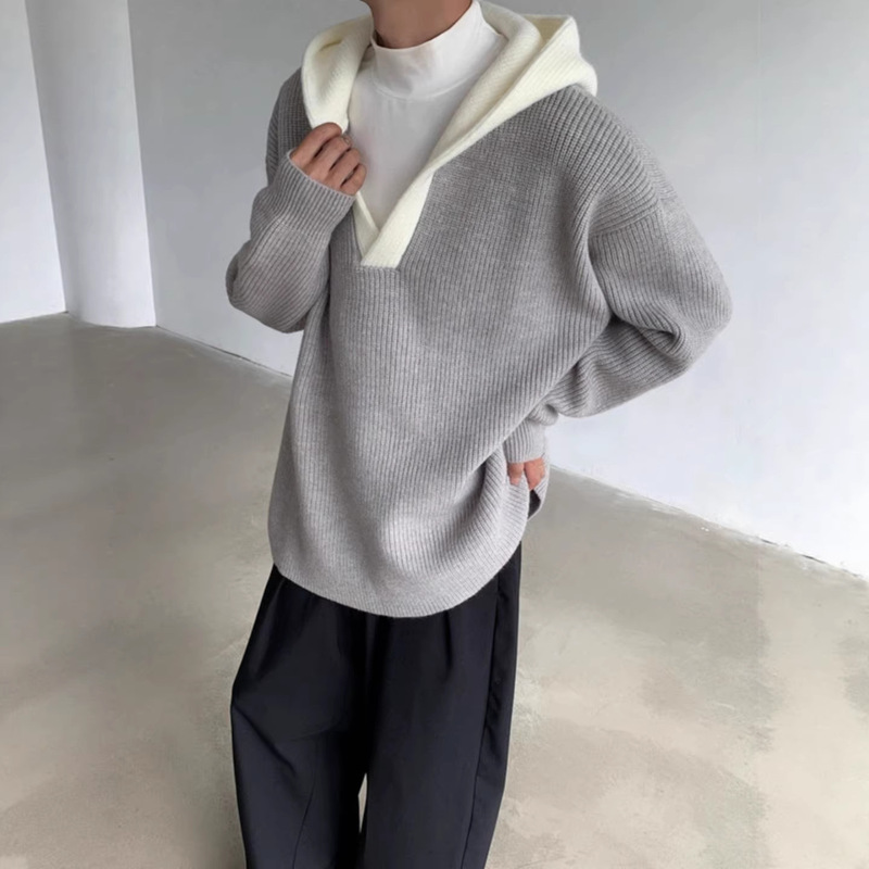 Winter American-Style Cleanfit Men's Hooded V-Neck Sweater, Lazy and High-End Gray Knitwear Sweatshirt Jacket Winter American-Style Cleanfit Men's Hooded V-Neck Sweater, Lazy and High-End Gray Knitwear Sweatshirt Jacket