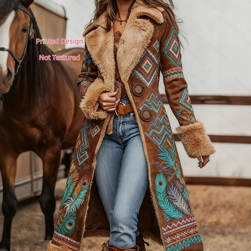 Cross-Border European and American Denim Women's Western Retro Trench Coat, Plush Autumn and Winter Fashion Warm Jacket, In-Stock Diamond-Shaped Blue Feather Design Cross-Border European and American Denim Women's Western Retro Trench Coat, Plush Autumn and Winter Fashion Warm Jacket, In-Stock Diamond-Shaped Blue Feather Design