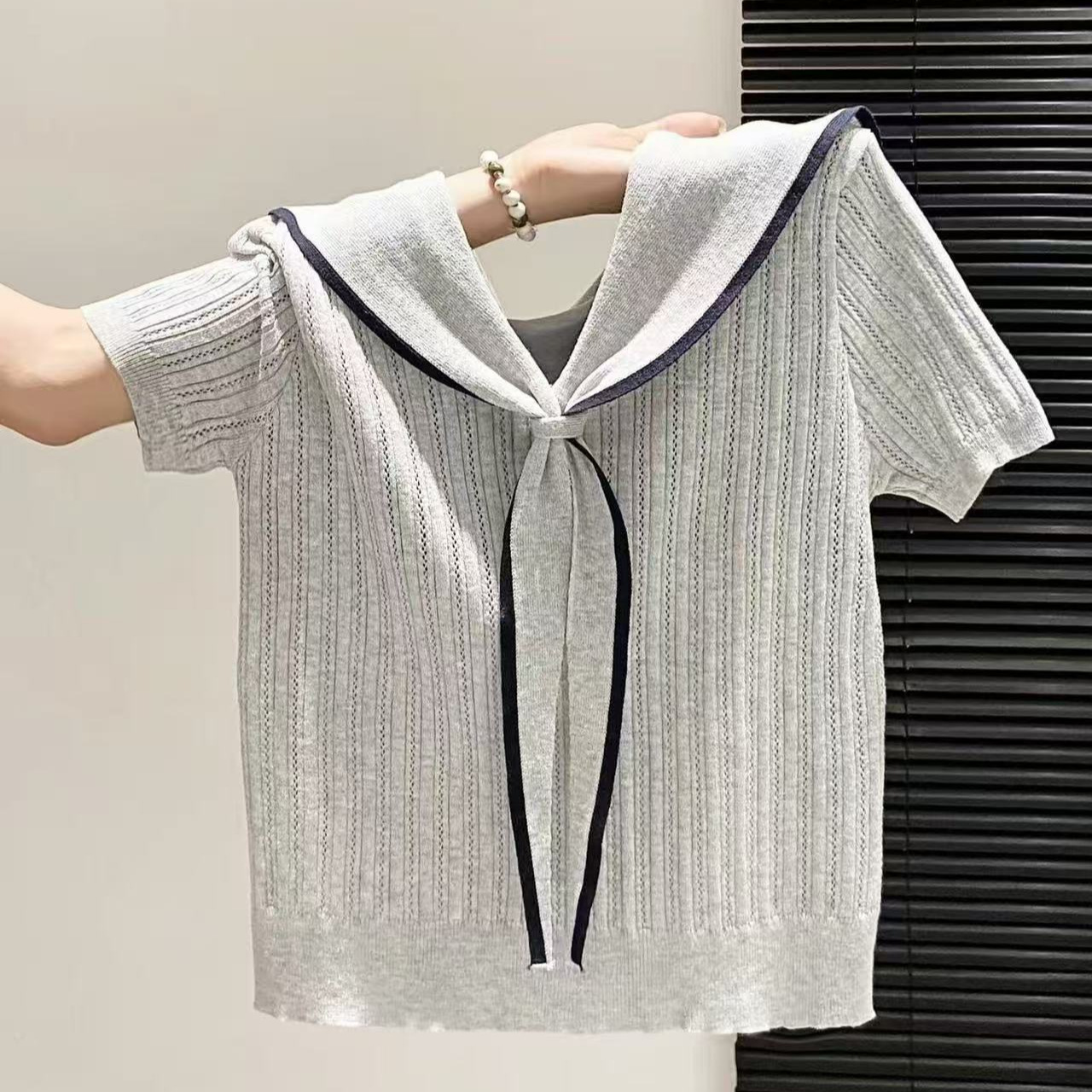 Áo thun nữ tay ngắn cổ bẻ thiết kế giả hai lớp mỏng nhẹ mùa hè — màu xanh nhạt chi tiết 1