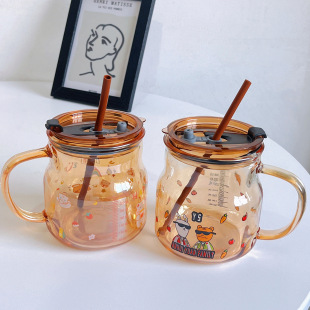 Internet Celebrity Girl's Handle Straw Glass Ins High Color Value with Lid Household Milk Beverage Cup Cold Water Tons Cup