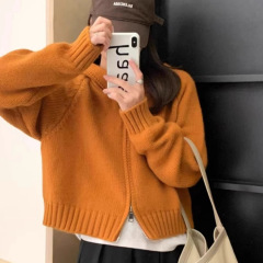 双拉链连帽毛衣女秋冬甜美风小个子短款针织开衫韩系慵懒风外套潮
