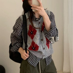 复古学院风菱格针织马甲开衫女秋冬宽松叠穿坎肩百搭软糯毛衣背心