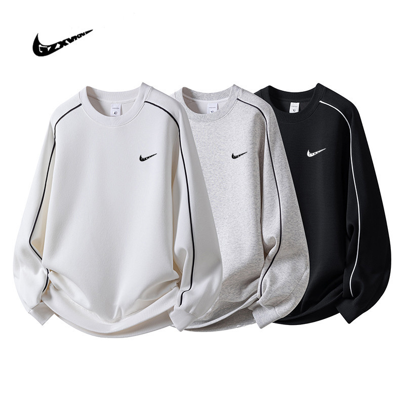 Trendy Brand Round Neck Sweatshirt for Men Black Thickened Spring and Autumn Couple Contrast Striped Loose Casual Sports Top for Men