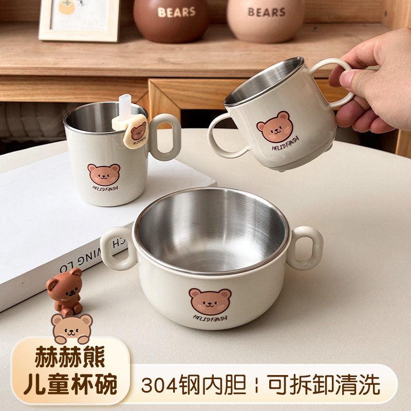 宝宝辅食吸管杯304双层防烫硅胶吸管牛奶杯多功能卡通双耳杯跨境
