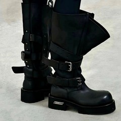 2025新款女厚底高筒机车靴英伦风复古皮带扣马丁靴增高毒液骑士靴