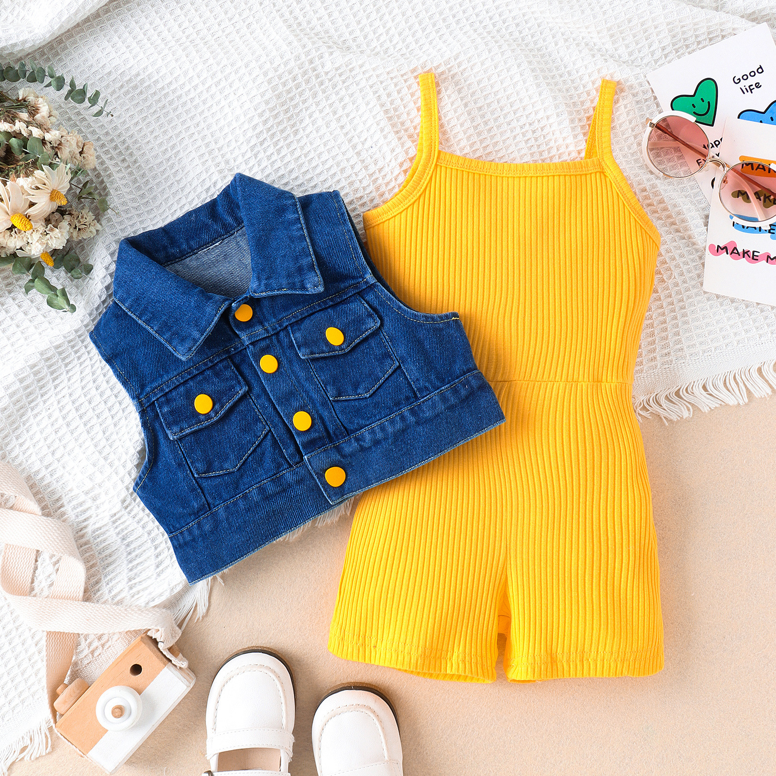208g Weight Kids Clothing Sets Children's Clothing Type Sleeveless Sleeve Length Polyester Fabric Type Shorts Sets Sets Type 2 Pieces Set Quantity Daily Occasion Turndown Neckline Comfort Function Regular Fit Fit Type Solid Color Pattern Summer, Spring Season Girl'S Gender Casual Style Casual Solid Color Polyester Girls Clothing Sets 12