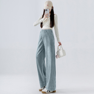 9085# Pregnant Women's Lyocell Jeans Thin Summer Straight Leg Pants Outer Wear Side Drawstring Non-Belly Wide Leg Pants