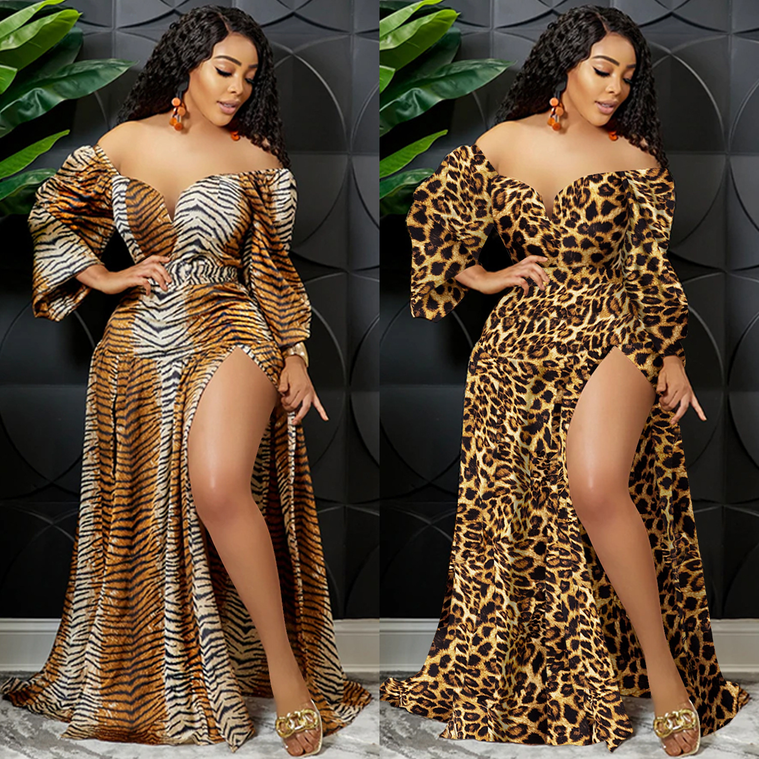 X5889 transfronteriza AliExpress Amazon impreso con cuello en V envuelto en el pecho largo ancho manga irregular split gran swing falda vestido image 1
