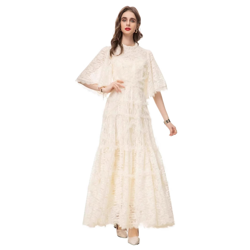 French Palace Style Lace Dress, Stand-Up Collar, Cape Sleeves, Layered Skirt, Fairy Long Dress