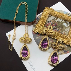 Classic Court Style Chinese Knot Purple Water Drop Pendant Earrings Necklace Retro Gold Plated Gold Necklace Earring Set