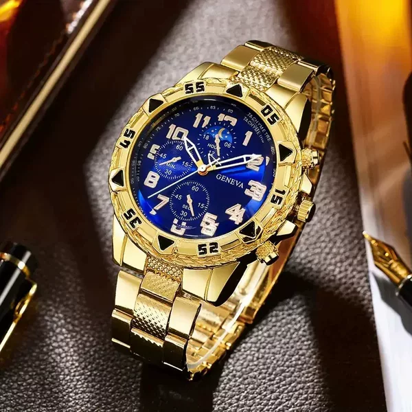 Aliexpress Hot-Selling Watch for Men with Fake Three-Dial Design, Casual Steel Band, Alloy Fashion Large Dial Trendy Style