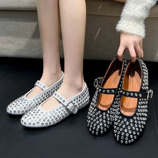 Rivet buckle low-top low-cut round toe soft and comfortable Mary Jane flat hidden height shoes ballet shoes