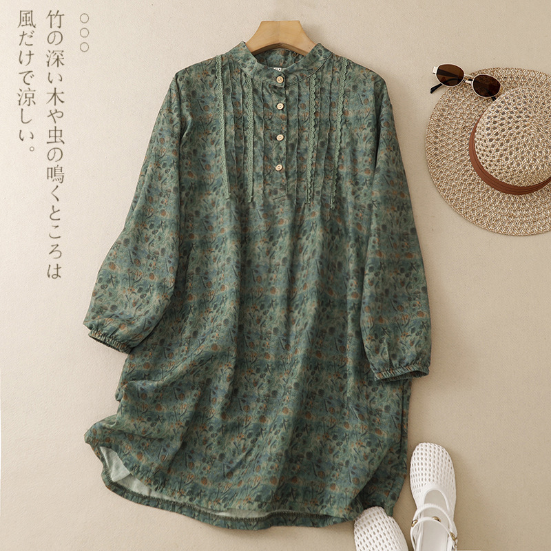 2026 Spring and Autumn New Style Artistic Sweet Pleated Lace Shirt for Women, Mid-Length Pullover Long-Sleeve Casual Dress