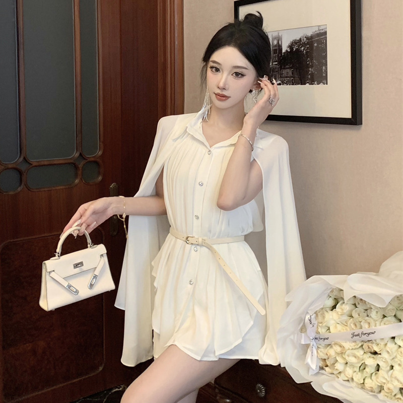 5396 European, American, and Southeast Asian Foreign Trade Wholesale 2026 Women's Fashion Design Cape Shawl Waist-Cinching Chiffon Shirt Dress Trendy