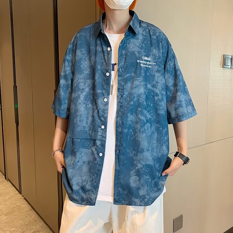 Factory wholesale flower full print washed old Denim short sleeve shirt 2024 summer new loose beach shirt