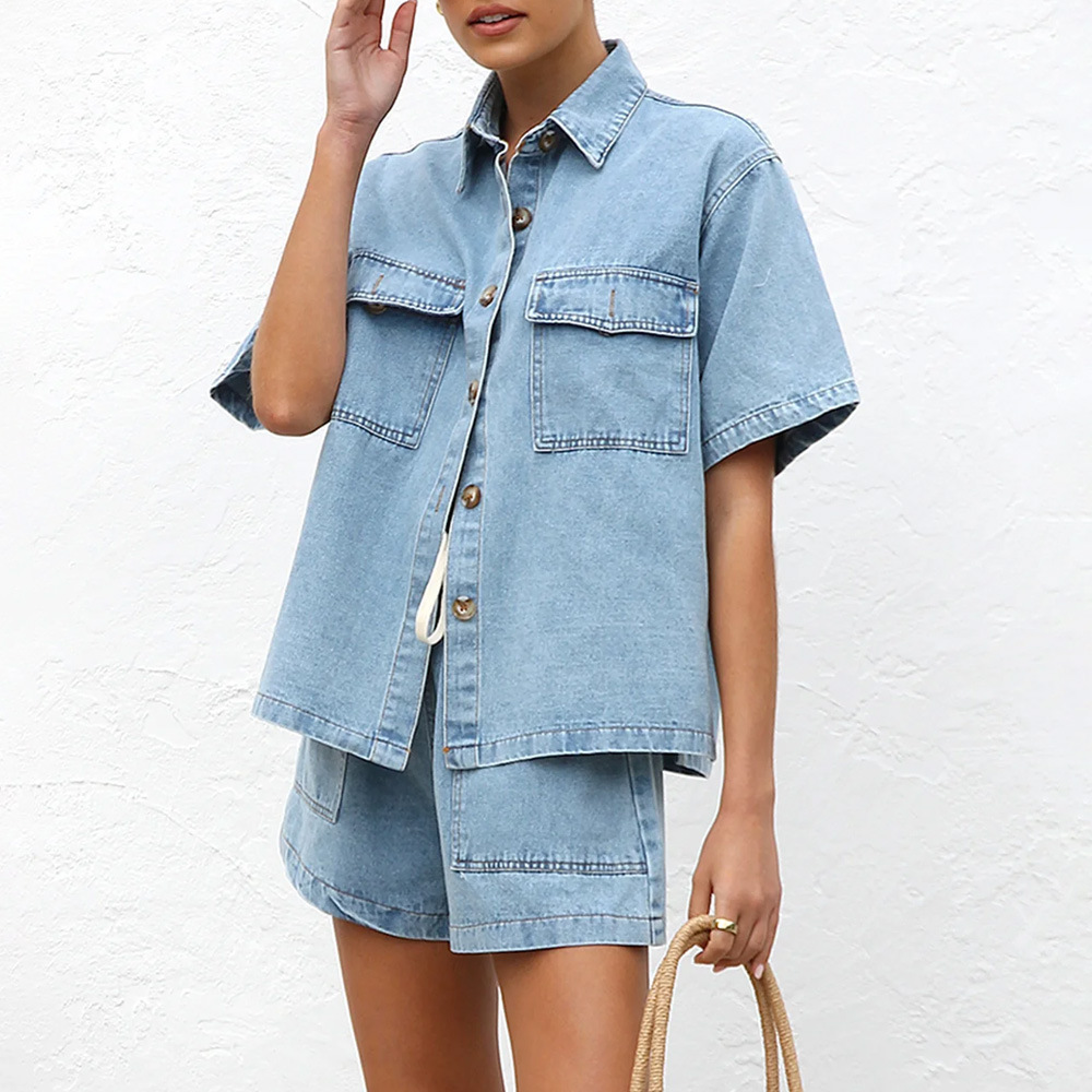Polyester, Denim Fabric Type Shorts Co-ord Set Sets Type Daily Women's Casual Solid Color Polyester Denim Shorts Co-ord Set Shorts Sets