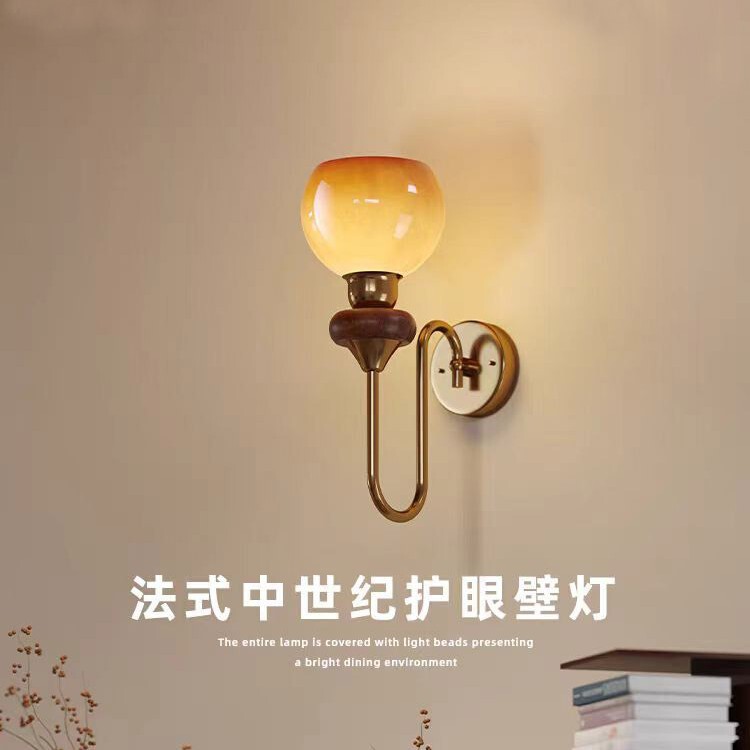 French Retro Cream Wall Lamp Wall Lamp Living Room Background Bedroom Bedside Reading Lamp Eye Protection Antique Glass Stair Lamp