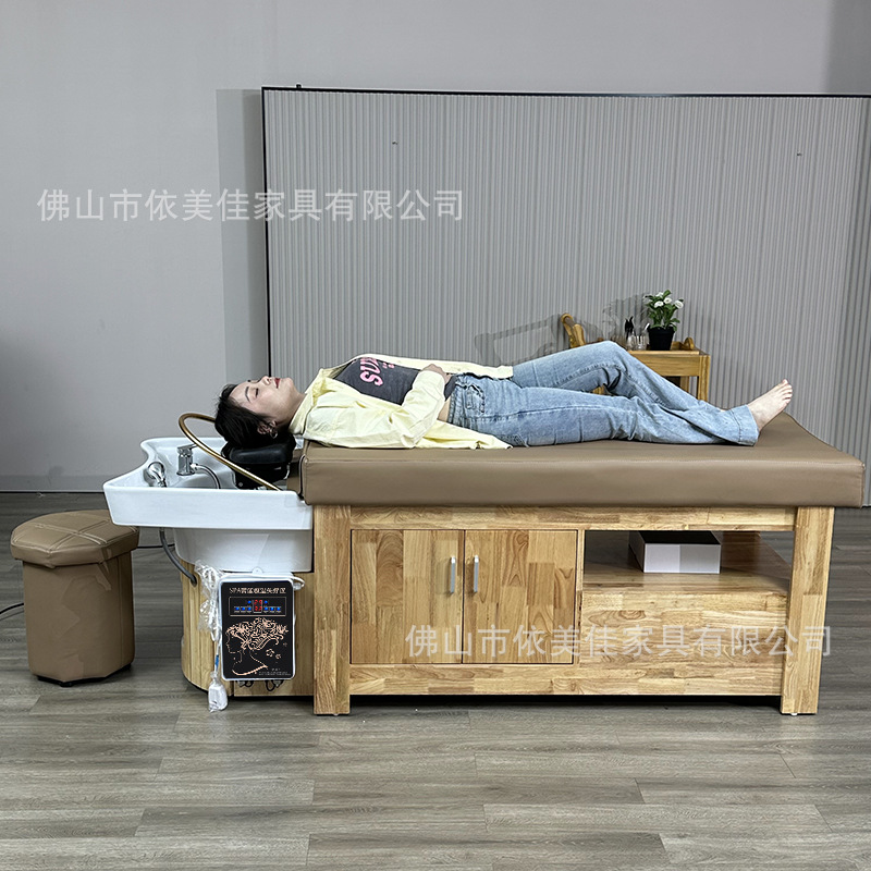 Madera sólida lavabos de cabello cama de masaje de salud cama de lavado de agua de fumigación de belleza medicina de sopa de cuidado del cabello con armario de almacenamiento de gran capacidad