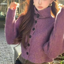 KANING圆领蝙蝠袖短款针织开衫2025秋冬新款宽松慵懒风高领毛衣女